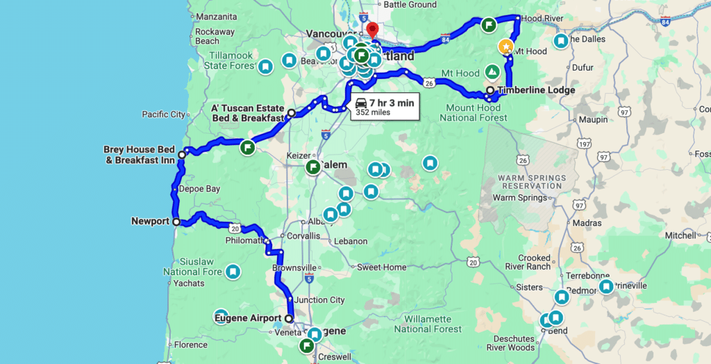 Route for the 9 days in Oregon Itinerary