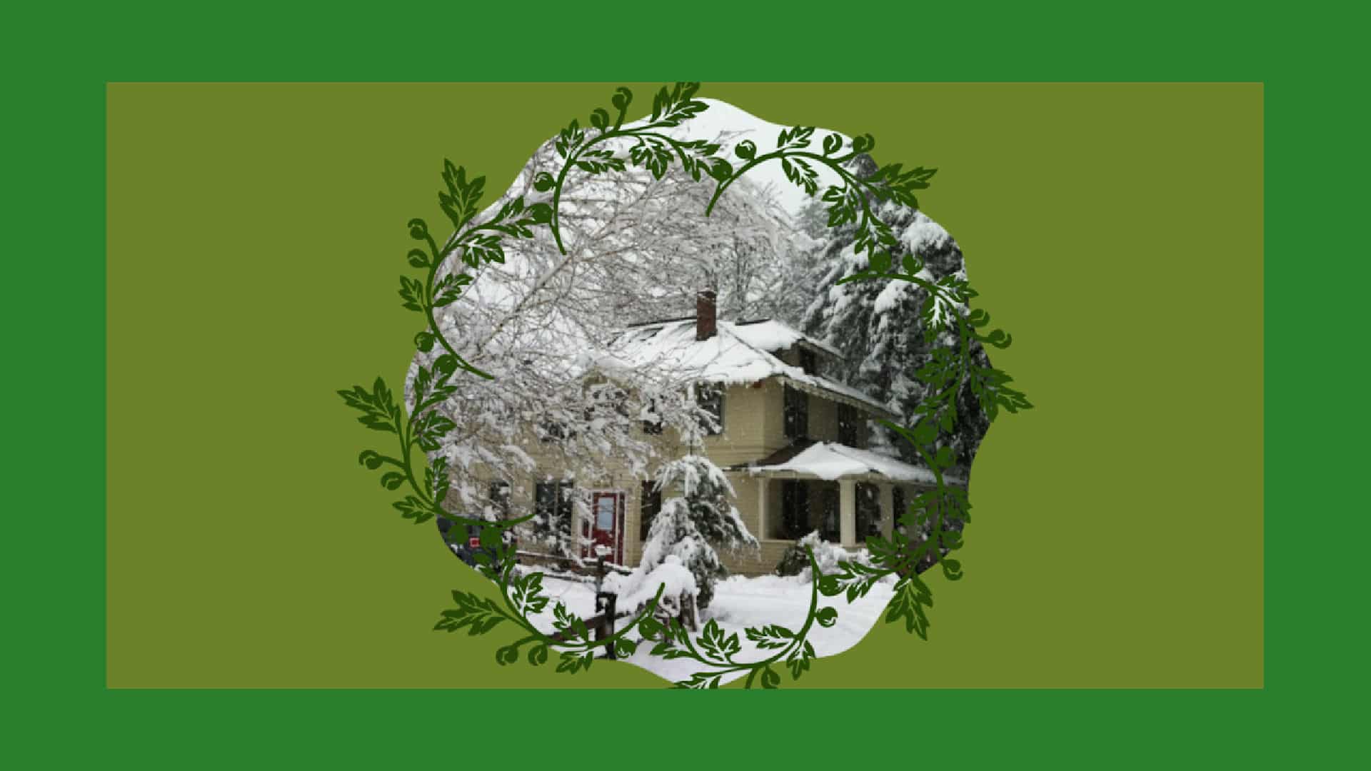 Snowy inn surrounded by a evergreen wreath on green