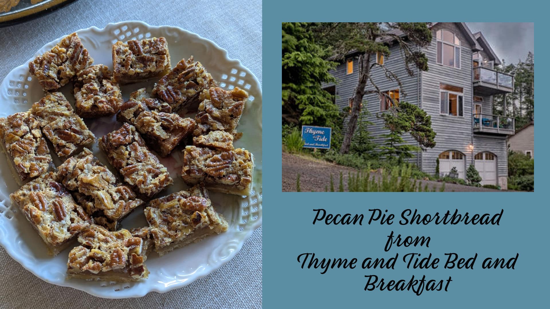 Pecan Pie Shortbread on a white plate and Thyme and Tide image